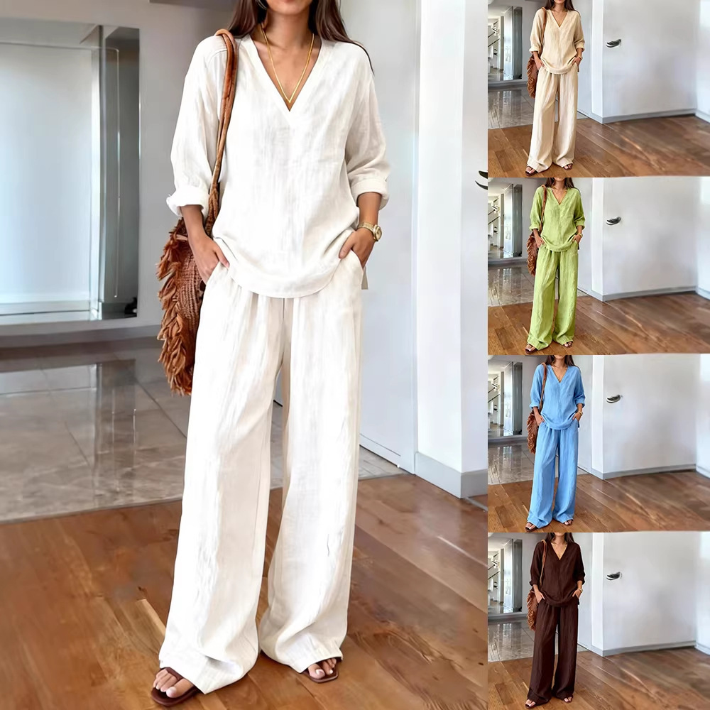2026 New Casual V-neck Pullover Long-sleeved Trousers Washed Cotton Multi-color Women's Suit