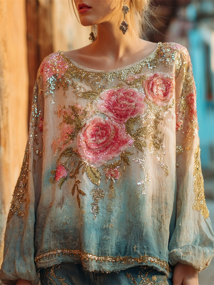 3D Printed Women's Round Neck Long Sleeve Retro Bohemian Style Top