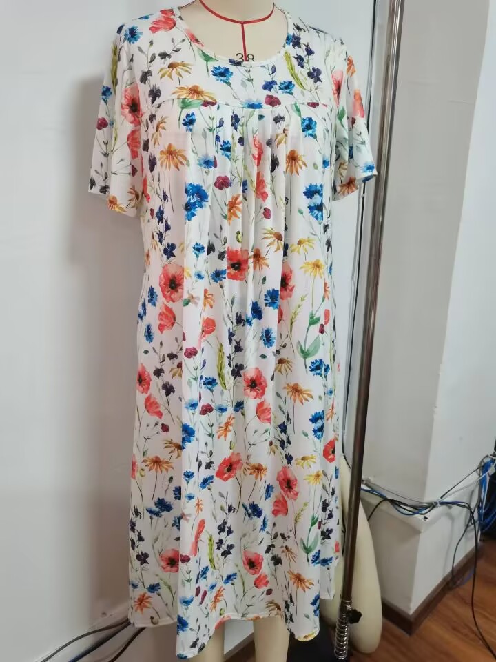 Women's elegant full skirt round neck printed short-sleeved dress