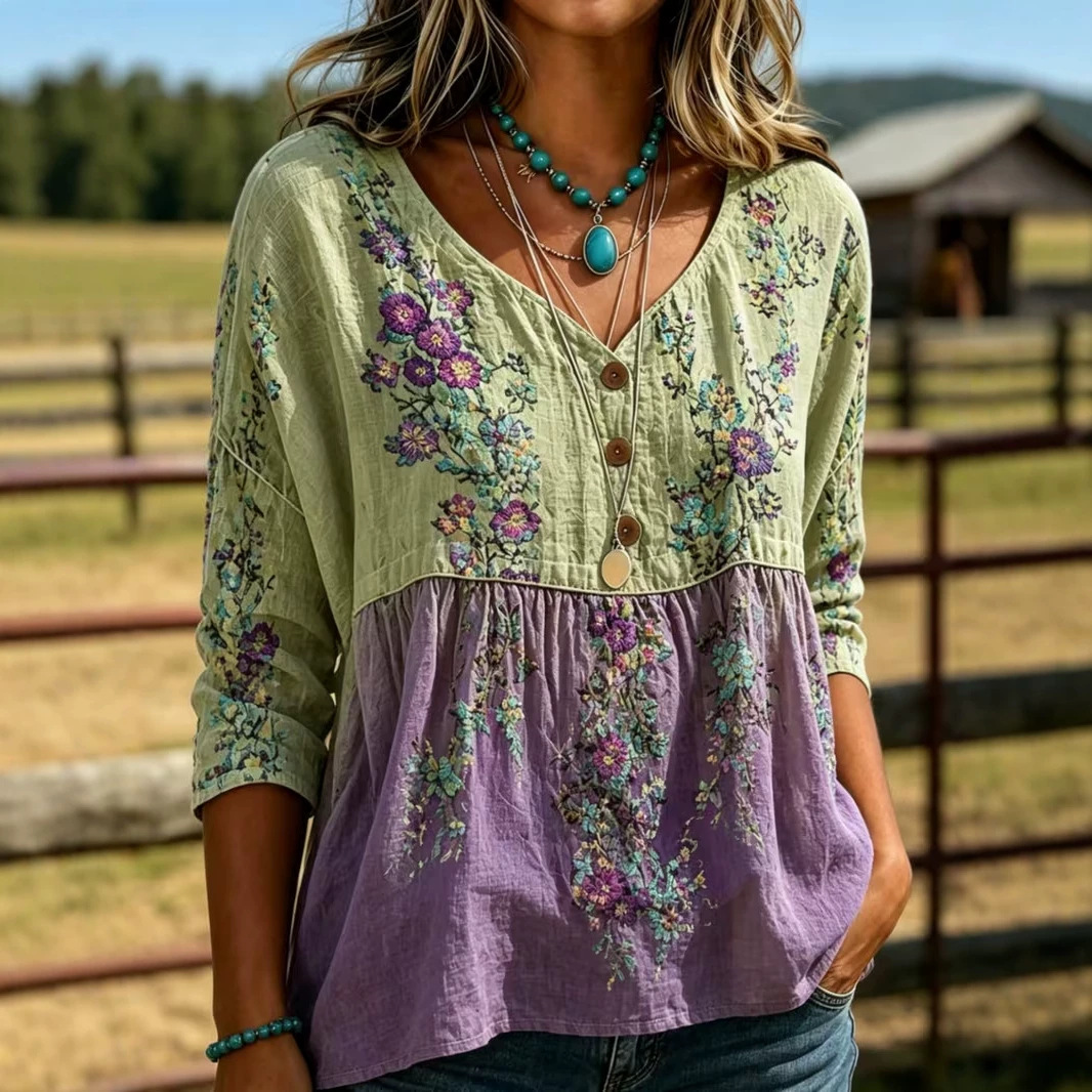 Summer Women's Button-Up Ethnic Print Three-Quarter Sleeve Shirt