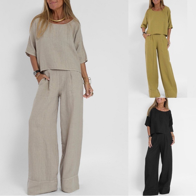 Cross-Border Amazon Aliexpress European And American Summer New Women'S Casual Loose Solid Color Short-Sleeved Cotton And Linen Pants Suit