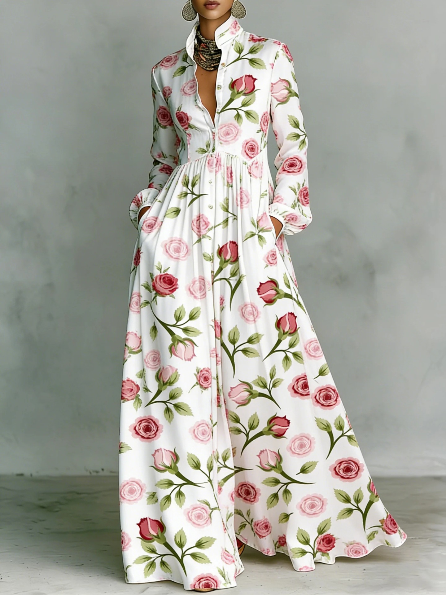 Mix and match long-sleeved printed slimming dress, elegant retro casual midi skirt for holiday style women's wear