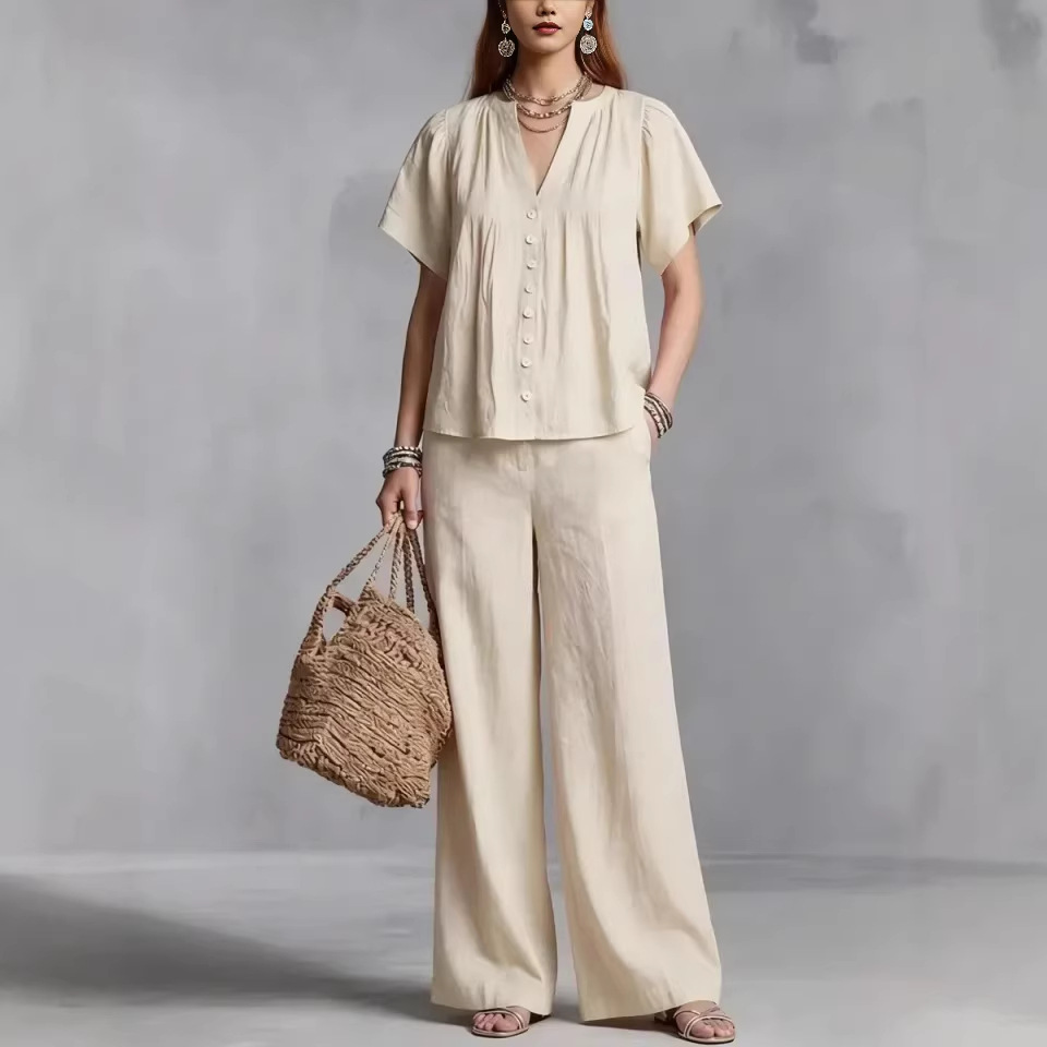 New Women's Beach Vacation Cotton Linen V-Neck Casual Suit