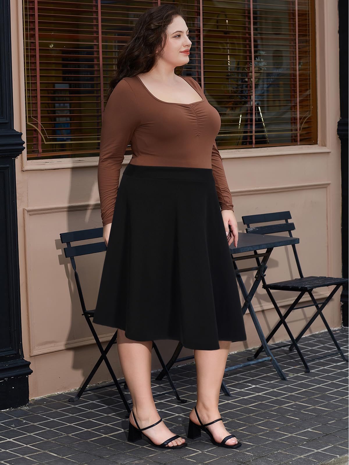 Plus Size Midi Skirt High Elastic Waist - Black