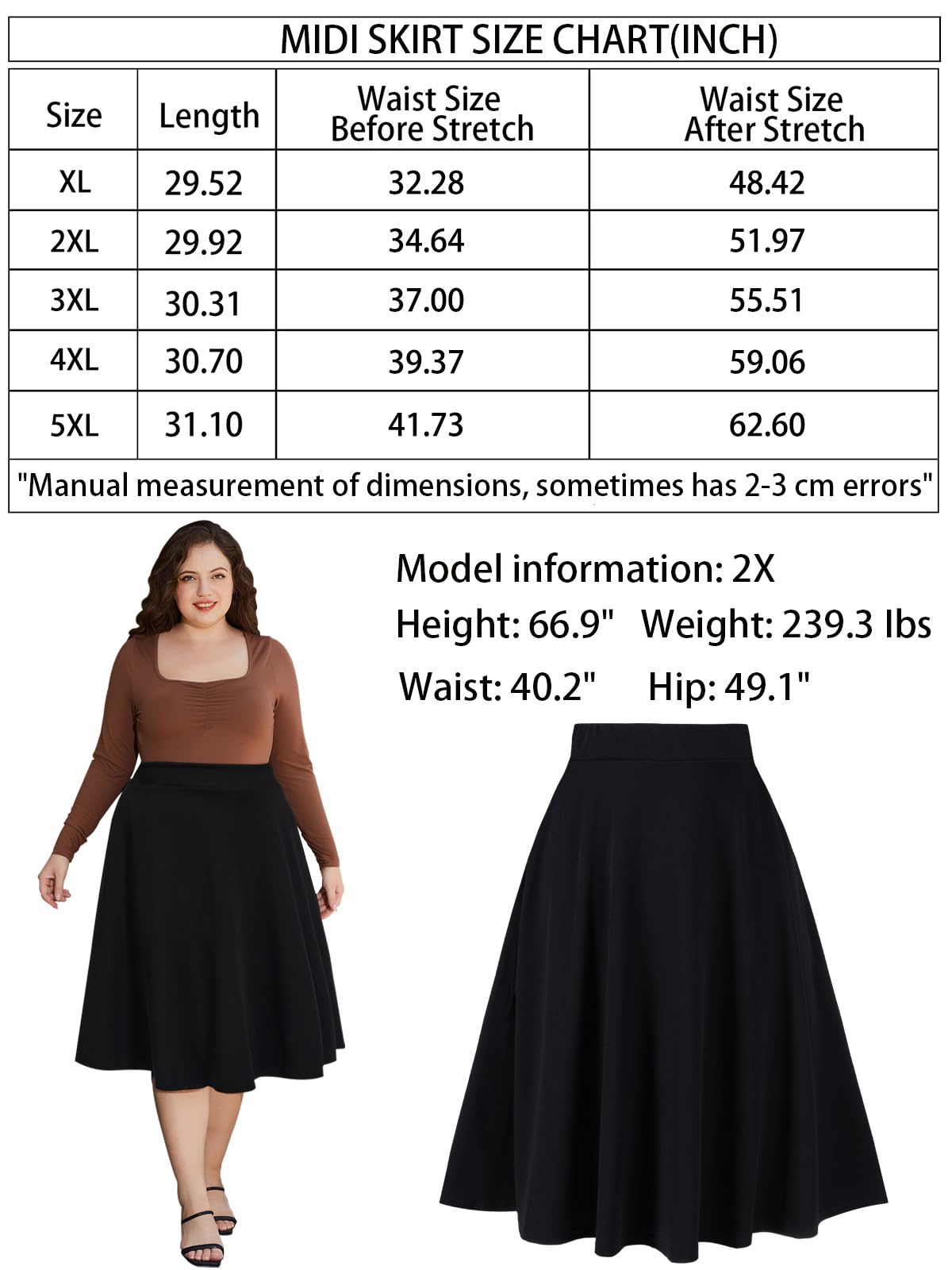 Plus Size Midi Skirt High Elastic Waist - Black