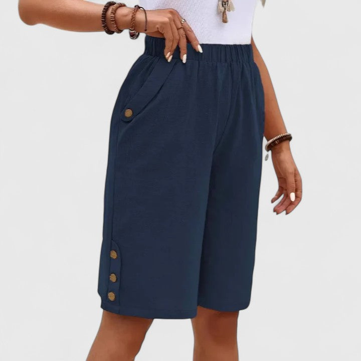 Cotton and linen loose-fitting shorts, comfortable and breathable, button style.