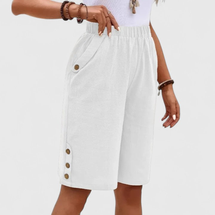 Cotton and linen loose-fitting shorts, comfortable and breathable, button style.