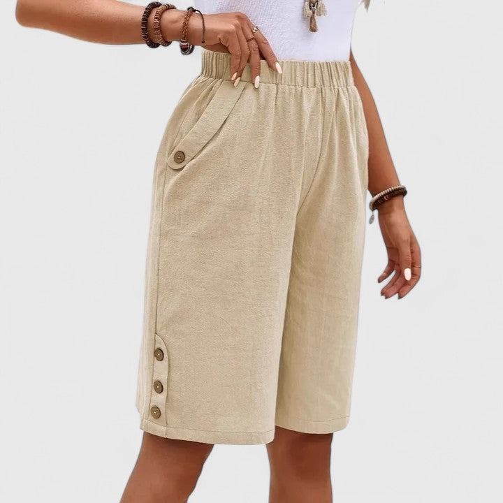 Cotton and linen loose-fitting shorts, comfortable and breathable, button style.