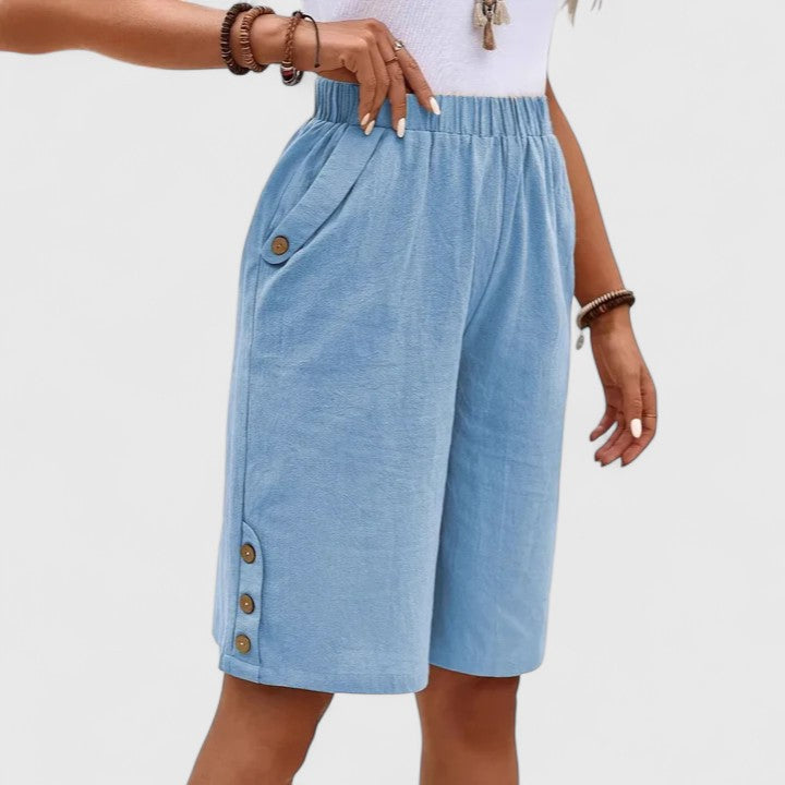 Cotton and linen loose-fitting shorts, comfortable and breathable, button style.