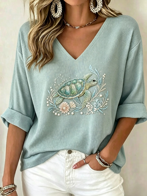 Women's 3/4 Sleeve V-Neck Casual Top with 3D Digital Print; Women's V-Neck T-Shirt