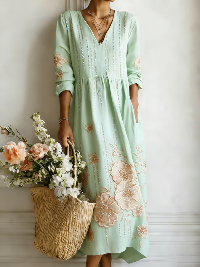 Women'S Elegant Floral Print V-Neck Linen Style Dress