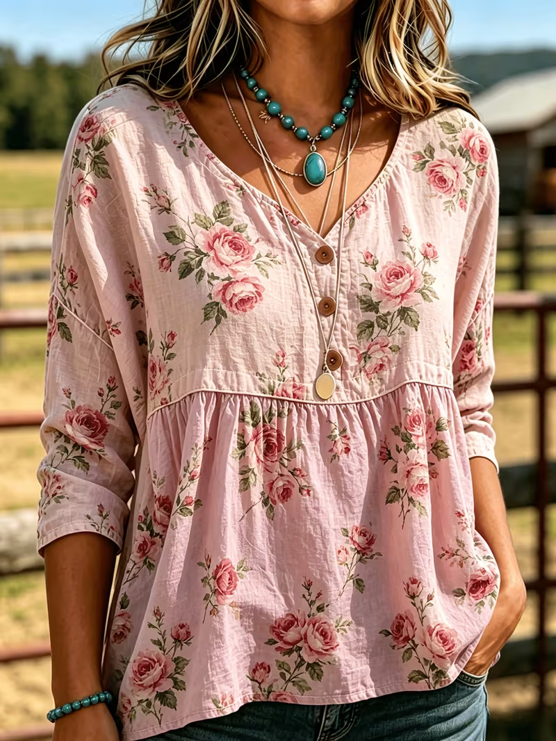 Summer Women's Button-Up Ethnic Print Three-Quarter Sleeve Shirt