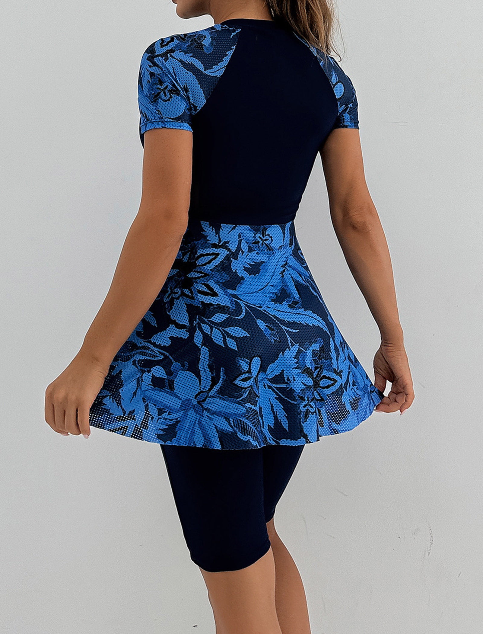 Women's Two-Piece Swimsuit — [Long Sleeve / Short Sleeve] Printed Swim Dress with Shorts
