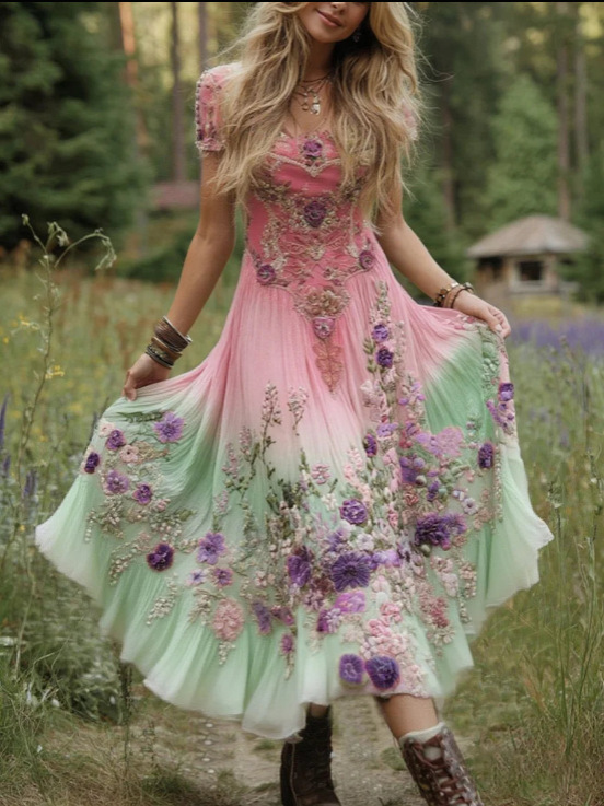 Women's solid color high-end elegant printed pleated floral midi skirt