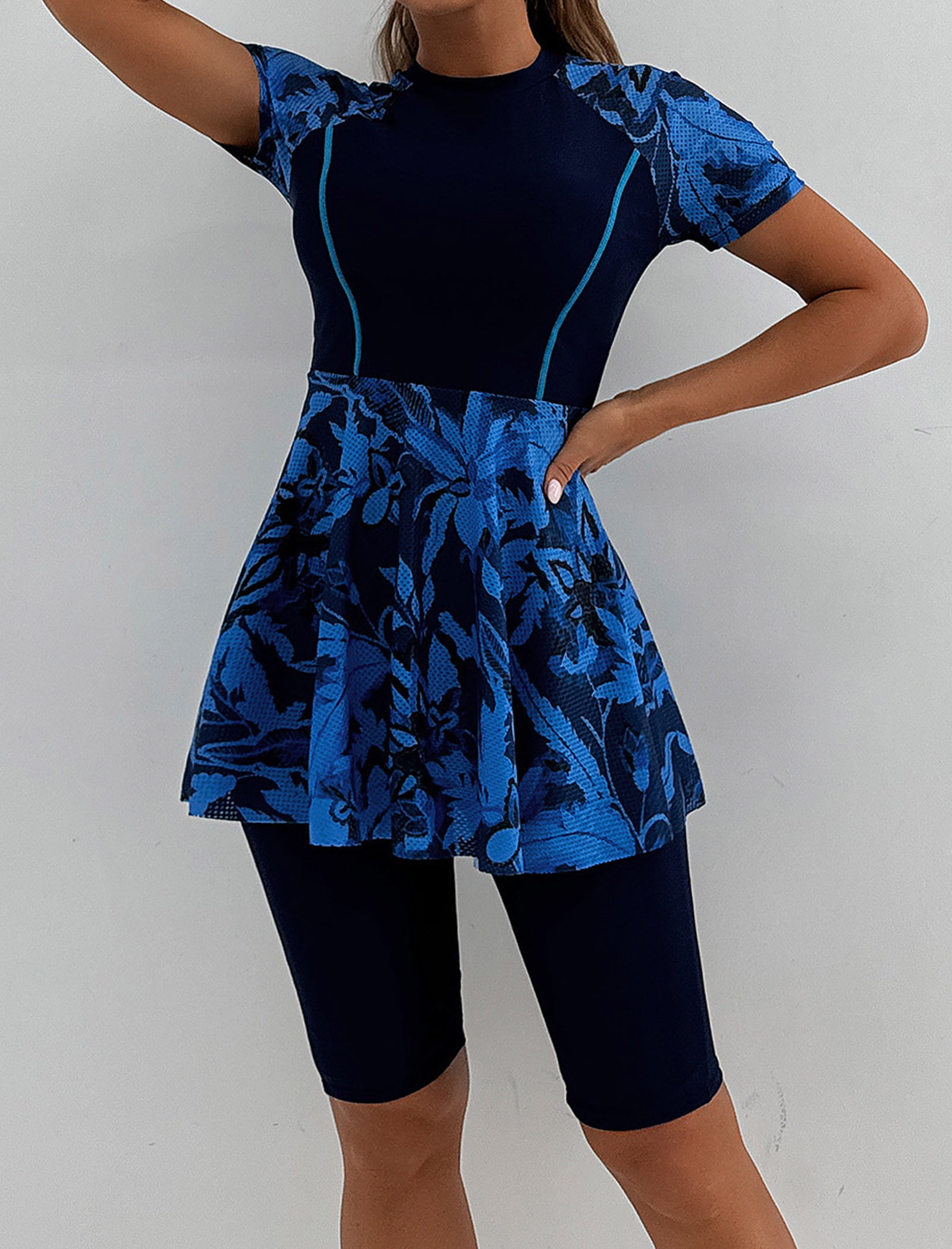 Women's Two-Piece Swimsuit — [Long Sleeve / Short Sleeve] Printed Swim Dress with Shorts