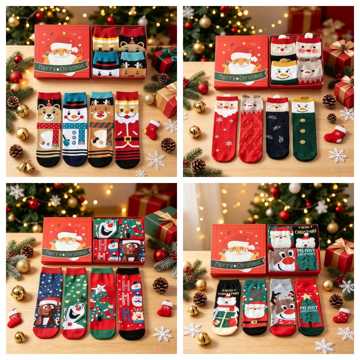 Christmas Socks Gift Set, 4‑Pair Festive Cotton Crew Socks, Holiday Christmas Gift for Women Men Family, Cute Santa Reindeer Snowman Printed Socks
