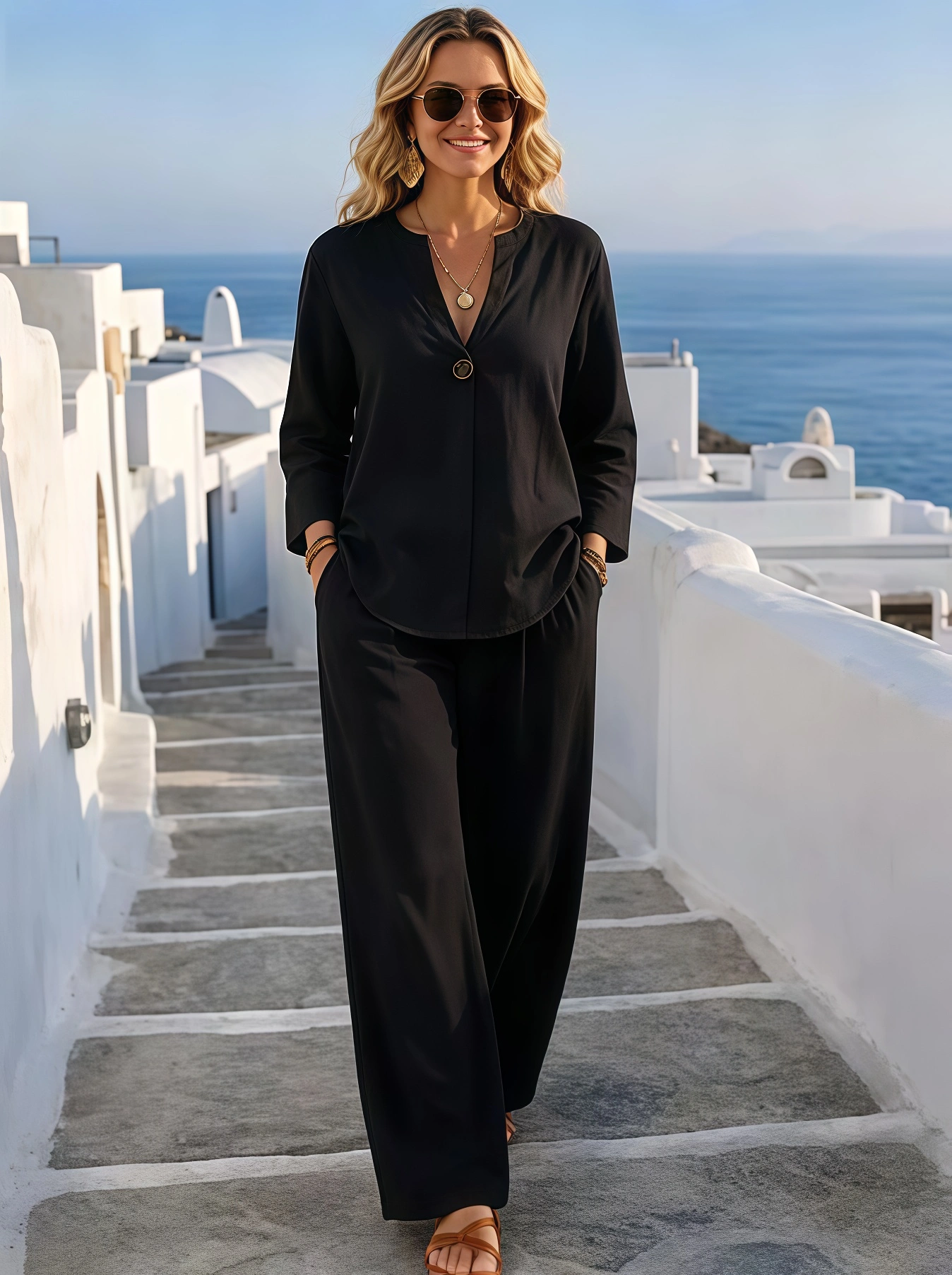 Women's Linen-feel Set Pants Sets Bolero Long Sleeve V Neck Solid Color Fashion Streetwear Casual Daily Outdoor Blue Black White Summer Loose Fit