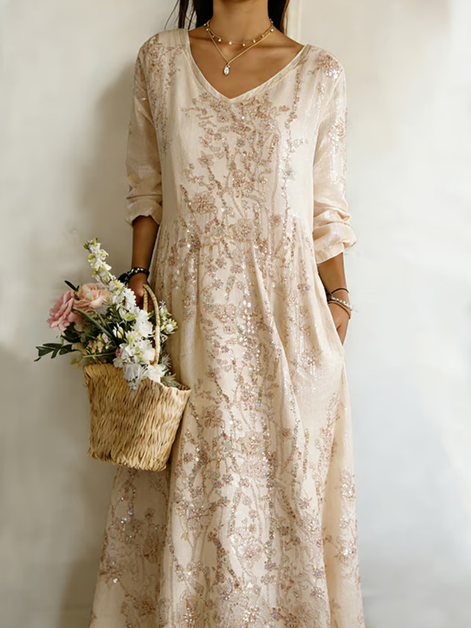 Women'S Elegant Floral Print V-Neck Linen Style Dress