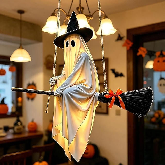 Glowing ghost decorations hanging from brooms, remote-controlled glowing witch ghosts, Halloween decorations, suitable for decorating porches, gardens, patios or indoors.