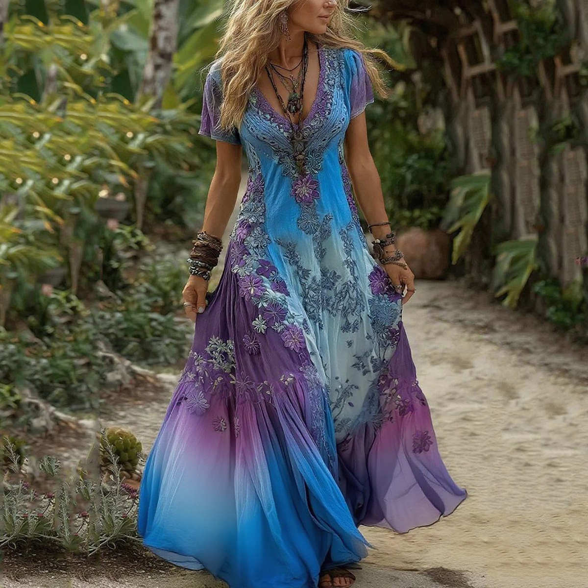 Women's solid color elegant printed pleated floral dress