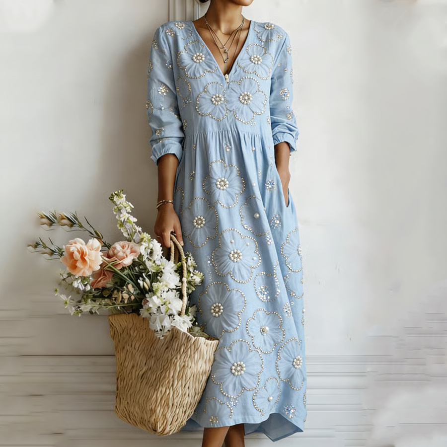 Women'S Pearl Inlaid V-Neck Linen Style Dress