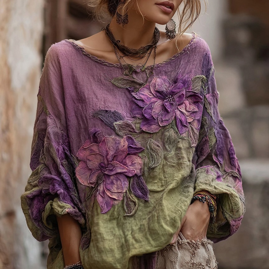 3D Printed Women's Round Neck Long Sleeve Retro Bohemian Style Top