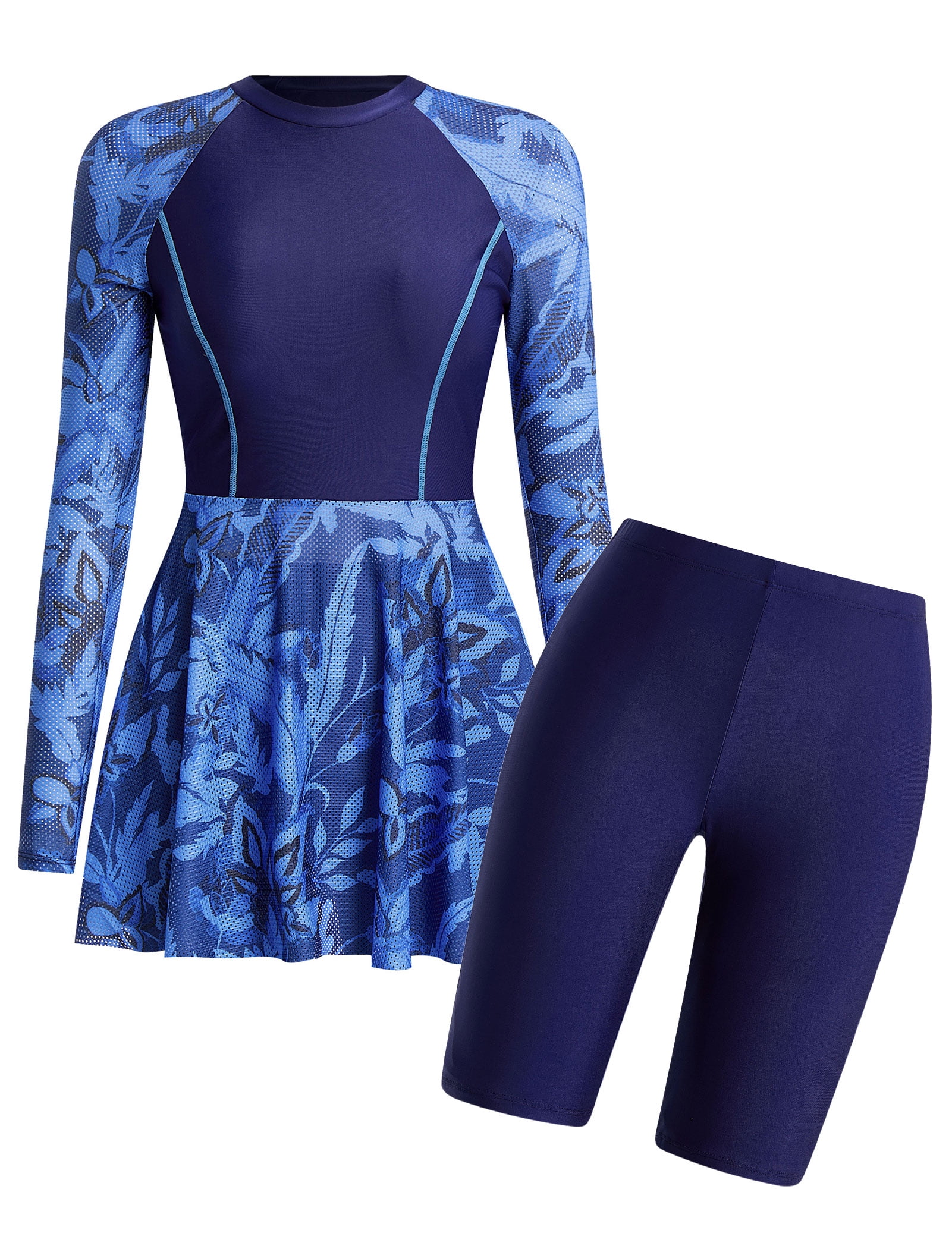 Women's Two-Piece Swimsuit — [Long Sleeve / Short Sleeve] Printed Swim Dress with Shorts