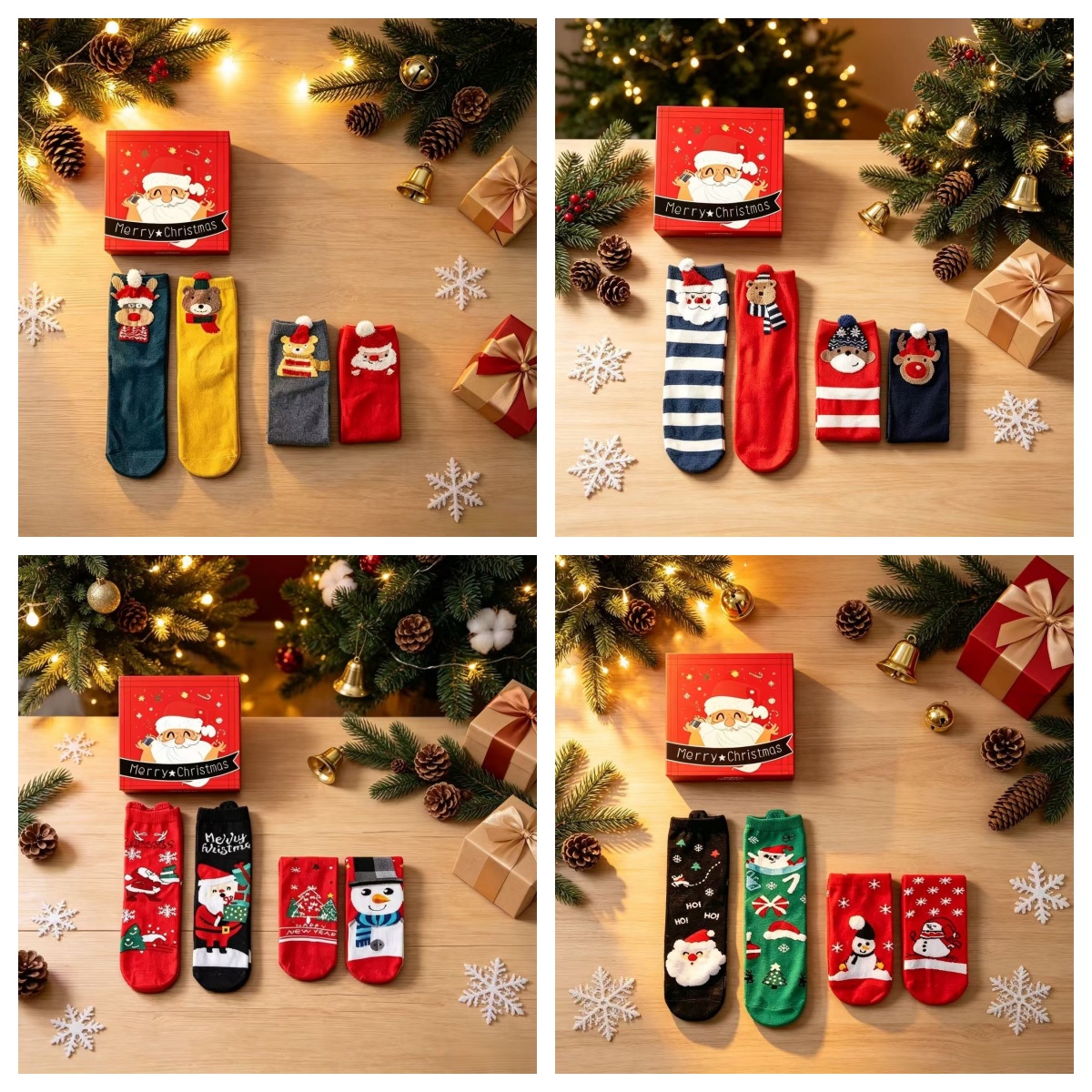 Christmas Socks Gift Set, 4‑Pair Festive Cotton Crew Socks, Holiday Christmas Gift for Women Men Family, Cute Santa Reindeer Snowman Printed Socks