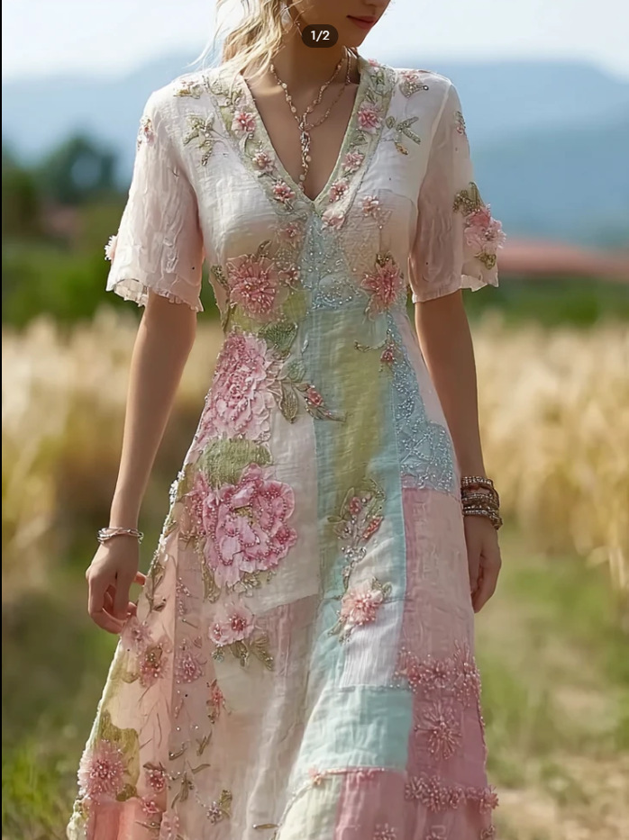 Women's solid color high-end elegant printed pleated floral midi skirt