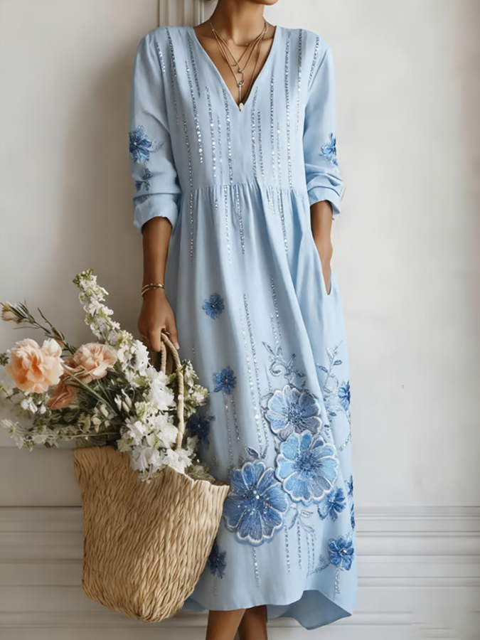 Women'S Elegant Floral Print V-Neck Linen Style Dress