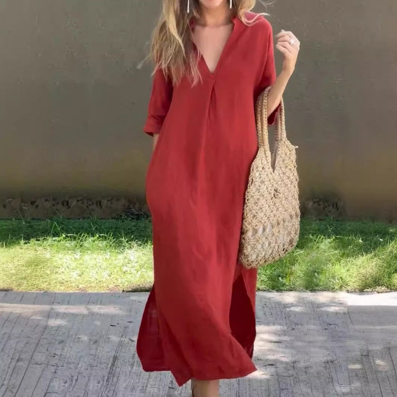 Elegant Dress with Split V-Neck
