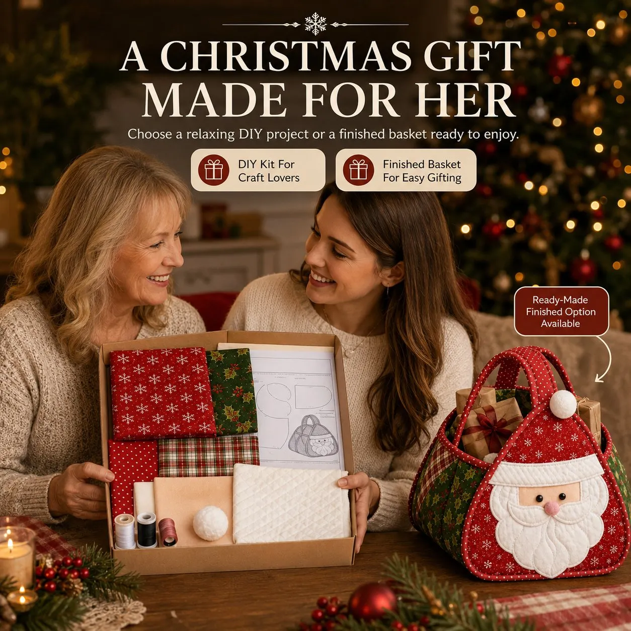 ⏳ Last Day 49% OFF – 🎄 Christmas Character Quilted Carry Basket | Padded Patchwork Fabrics, Layered Appliqué & Soft Carry Handle in DIY Kit or Ready-Made Styles 🎁✨