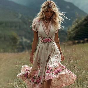 Women's solid color high-end elegant printed pleated floral midi skirt