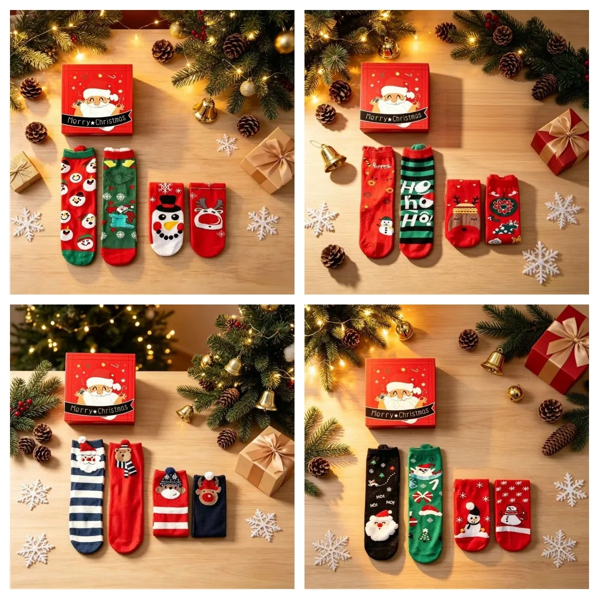 Christmas Socks Gift Set, 4‑Pair Festive Cotton Crew Socks, Holiday Christmas Gift for Women Men Family, Cute Santa Reindeer Snowman Printed Socks