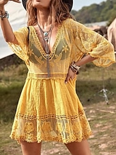 Women's Swimwear Cover Up Swim Dress Swimsuit Lace Vacation Beach Wear Solid Color V Neck Long Sleeve Bathing Suits