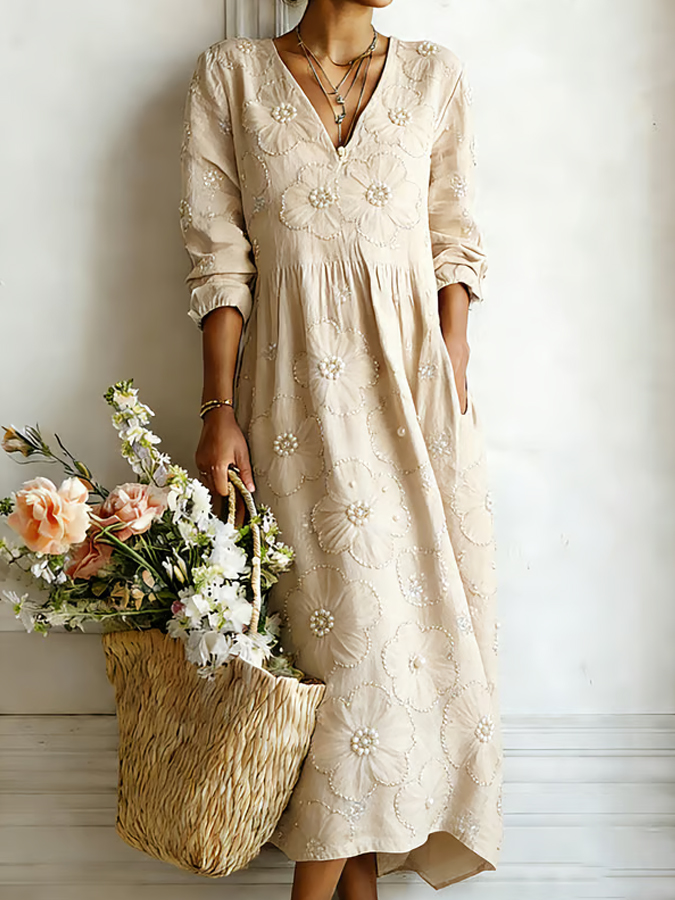 Women'S Pearl Inlaid V-Neck Linen Style Dress