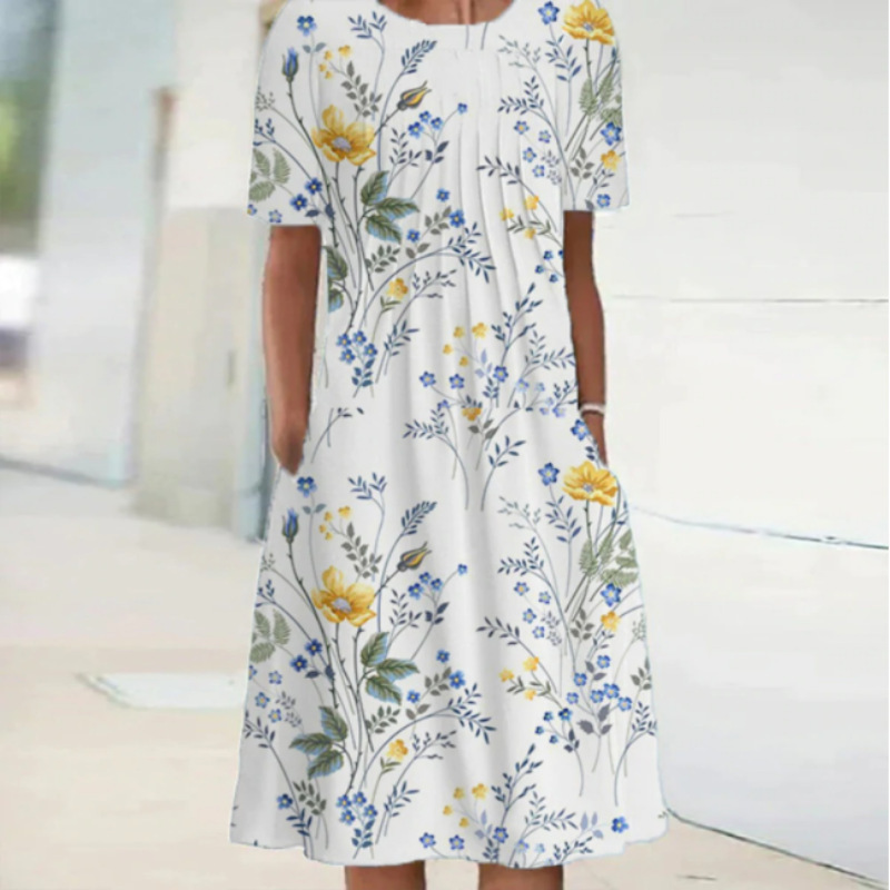 Women's elegant full skirt round neck printed short-sleeved dress