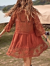 Women's Swimwear Cover Up Swim Dress Swimsuit Lace Vacation Beach Wear Solid Color V Neck Long Sleeve Bathing Suits
