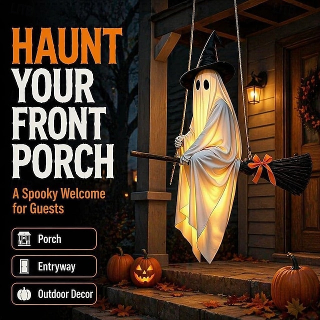 Glowing ghost decorations hanging from brooms, remote-controlled glowing witch ghosts, Halloween decorations, suitable for decorating porches, gardens, patios or indoors.