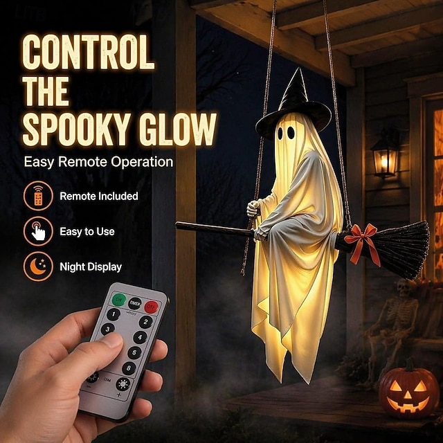 Glowing ghost decorations hanging from brooms, remote-controlled glowing witch ghosts, Halloween decorations, suitable for decorating porches, gardens, patios or indoors.