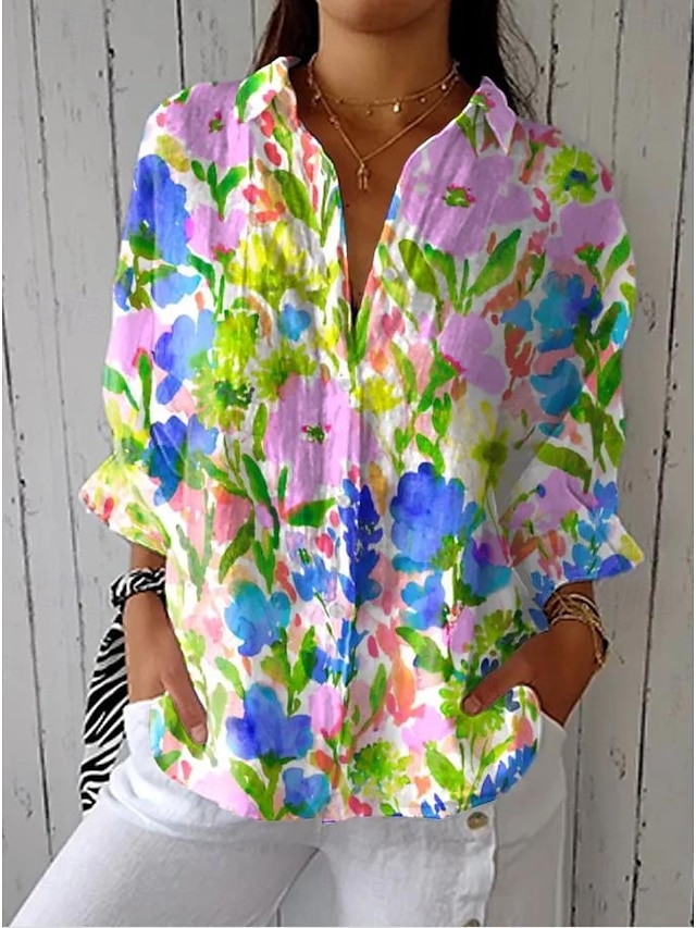 Women's Shirt Floral Graphic Stylish Casual Regular Tops Daily Holiday Going out s Blue Sky Blue Purple Green Spring