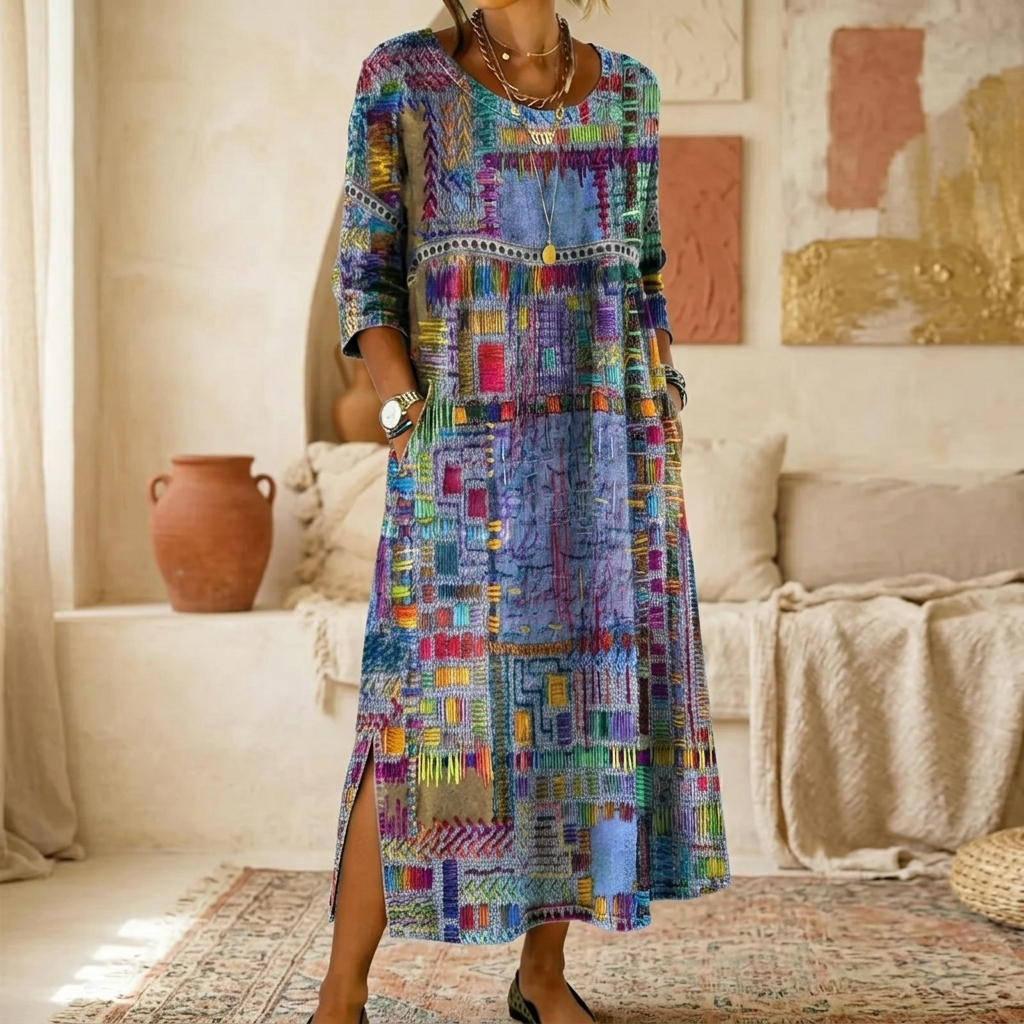 Tessara – Artisan Print Midi Dress with Pockets