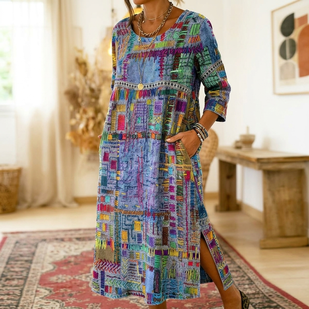 Tessara – Artisan Print Midi Dress with Pockets
