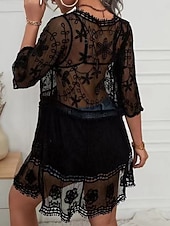 Women's Swimwear Cover Up Swim Dress Swimsuit Lace Vacation Beach Wear Solid Color V Neck Long Sleeve Bathing Suits