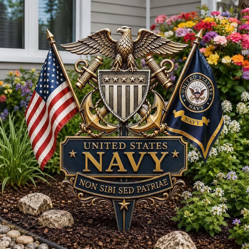 Premium Military Service Tribute, Rustic Metal Yard Sign with Crossed Anchors and Stars for Front Porch or Garden