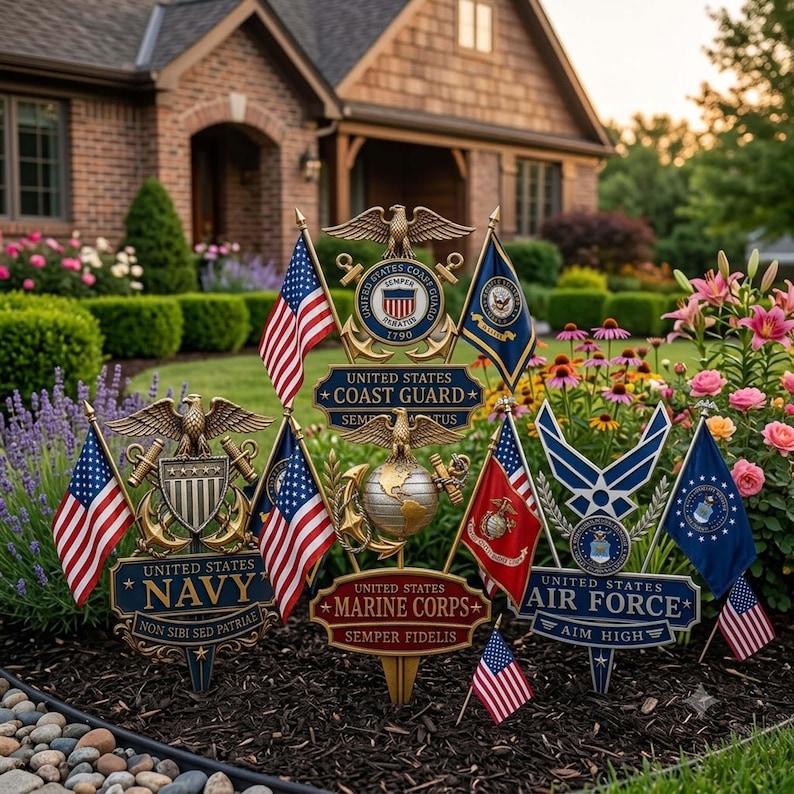 Premium Military Service Tribute, Rustic Metal Yard Sign with Crossed Anchors and Stars for Front Porch or Garden