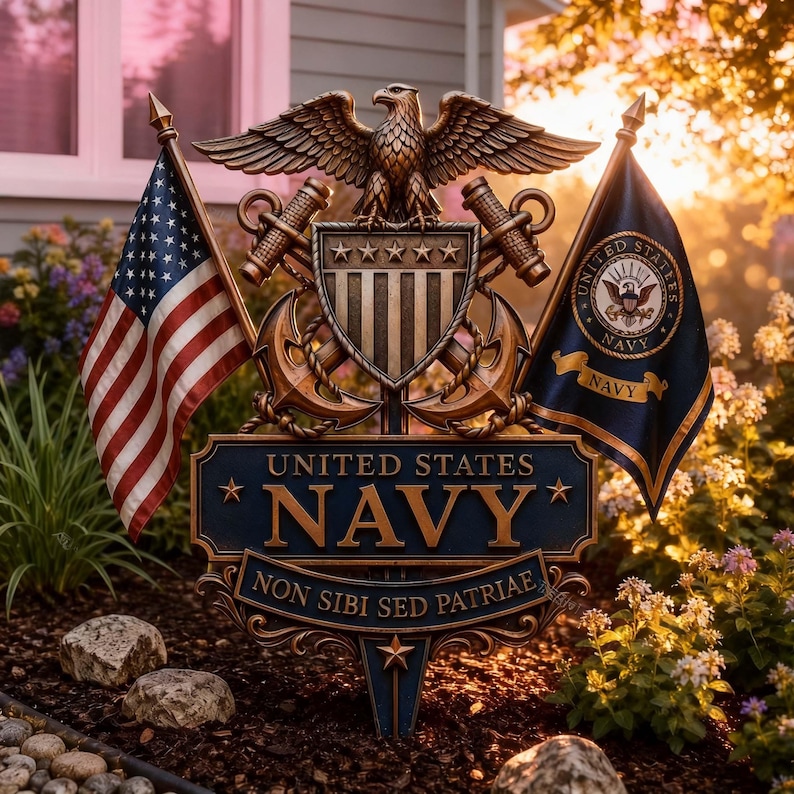 Premium Military Service Tribute, Rustic Metal Yard Sign with Crossed Anchors and Stars for Front Porch or Garden