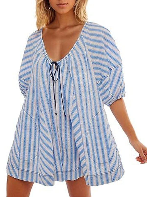 Blue Zone Planet | Short-Sleeved Striped Jumpsuit, Slim And , Loose Deep V Wide-Leg Short Jumpsuit