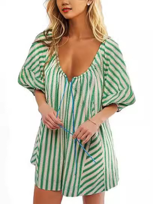 Blue Zone Planet | Short-Sleeved Striped Jumpsuit, Slim And , Loose Deep V Wide-Leg Short Jumpsuit