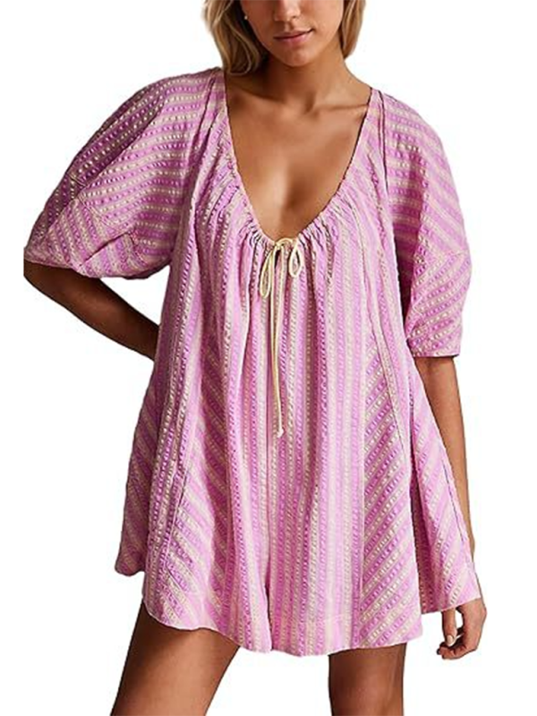Blue Zone Planet | Short-Sleeved Striped Jumpsuit, Slim And , Loose Deep V Wide-Leg Short Jumpsuit